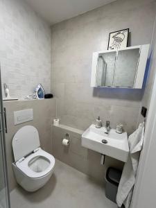 un baño con inodoro y lavabo en Stylish apartment in the heart of the city near Aupark and the Main Station, en Košice