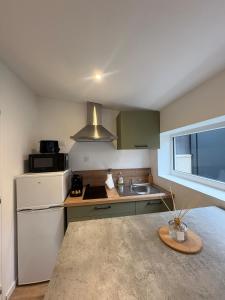 een keuken met een witte koelkast en een spoelbak bij Zen Room SPA luxe in Roanne +11 foto's