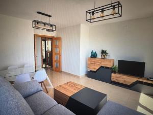 a living room with a couch and a tv at Large terrace and views in Retamar +9 photos