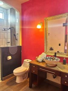 a bathroom with a toilet and a sink and a mirror at Casita El Nido- Spacious 2 Bedroom Main Floor Apartment in Bucerías