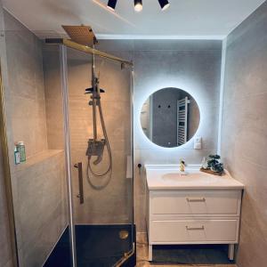 a bathroom with a shower and a sink at Studio 9 Żeromskiego in Gorzów Wielkopolski