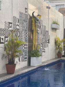 a mural of a cat on a wall next to a pool at Casita El Nido- Spacious 2 Bedroom Main Floor Apartment in Bucerías +13 photos