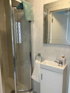 a bathroom with a shower and a sink and a mirror at Cosy Ground-Floor Flat in Omagh Centrally located in Omagh