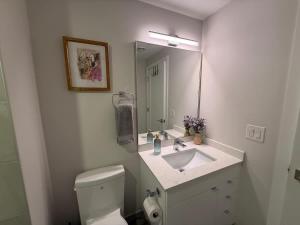 Un baño con inodoro, lavabo y espejo. en Spotless vibrant & modern 1 BR with 6 appliances, en Halifax 11 fotos más