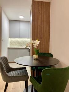Un comedor con una mesa y sillas verdes. en FILIP Lux Apartman sa garažom, en Doboj