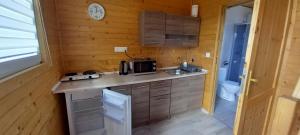 a small kitchen with a sink and a microwave at Domki Heno na Wichrowym Wzgórzu in Sianozety