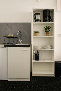 een keuken met witte kasten en een spoelbak bij Business Apartments Augsburg mit WIFI, TV, Parken in Augsburg