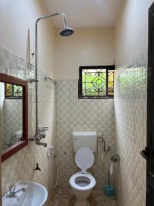 a bathroom with a toilet and a sink and a window at Kivuli Inn in Moshi +43 photos
