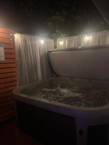 a bathroom with a bath tub with a shower at Go Glamping in Athens, Georgia, in this Cozy Tiny House for Four in Athens