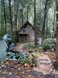 a cabin in the woods with a stone walkway at Go Glamping in Athens, Georgia, in this Cozy Tiny House for Four in Athens