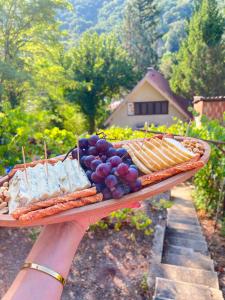 a person holding a tray of food with grapes and cheese at Viva Sićevo 