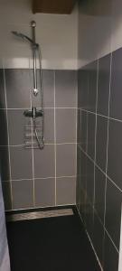 a shower in a bathroom with gray tiles at Au gré du Gave de Pau RDC in Gavarnie +19 photos