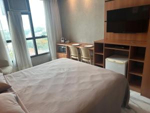 a bedroom with a bed and a desk and a television at Flat Comfort Taguatinga - Cama King - Sauna, academia e Piscina - Propriedade Particular 508 in Brasilia +9 photos