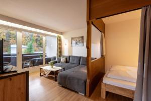 a living room with a couch and a bed at Appartementhaus Montana KG in Walchsee