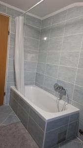 een badkamer met een ligbad met douche bij Apartman Kovačić in Kutina