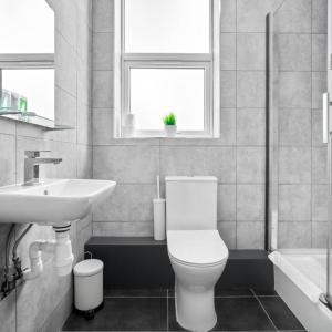 ein Badezimmer mit einer weißen Toilette und einem Waschbecken in der Unterkunft 1 Bed Apartment - Street Parking - WiFi 49BG in Sleightholme