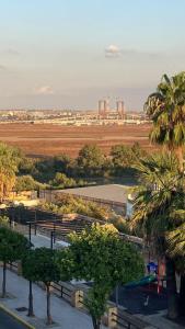 a park with benches and palm trees and a field at El Dúplex del Monumento in San Juan de Aznalfarache