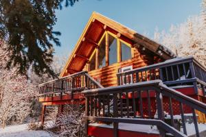 een blokhut in het bos in de sneeuw bij Moose Mountain Cabin- Cozy retreat with aurora views in Fairbanks