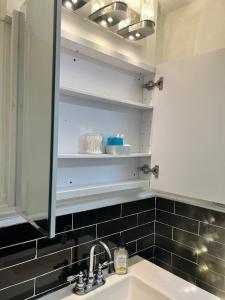 een badkamer met een wastafel en een spiegel bij New Apt in Elizabeth Railroad Style Path Train Bus Hospital Airport NYC in Elizabeth