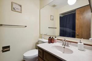 ein Badezimmer mit Waschbecken, Toilette und Spiegel in der Unterkunft Near Shopping & Dining- The South Bend Bungalow in Granger + 29 Fotos