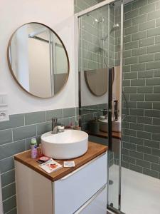 a bathroom with a sink and a mirror at Secteur digue Dunkerque, Escale a Malo, Aquae Mare in Dunkerque