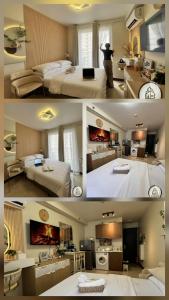two pictures of a hotel room with two beds at Cabin916 condotel in Suba