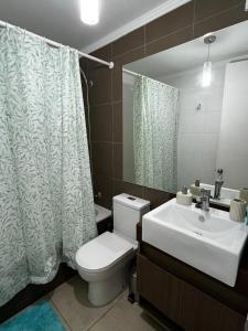 ein Badezimmer mit Toilette, Waschbecken und Spiegel in der Unterkunft Depto Peñuelas in Coquimbo