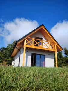 a house with a thatched roof on top of a field at Malëna Mausz in Parchowo