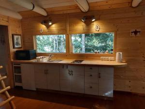 a kitchen with a sink and a window in a cabin at Cicha Strzała 