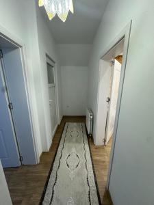 a hallway with two doors and a rug on the floor at Emir's Apartment in Pristina +2 photos