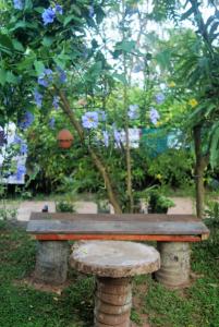 eine Bank, die vor einem Baum mit blauen Blumen sitzt in der Unterkunft Ananda Home Stay and Restaurant in Tangalle