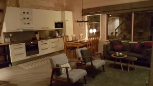 a kitchen and living room with a couch and a table at Ailo Iso-Syöte in Pudasjärvi