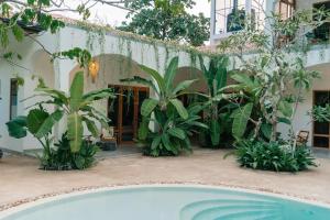 Ein Innenhof mit einem Pool vor einem Gebäude mit Pflanzen in der Unterkunft Oura Spirit in Unawatuna