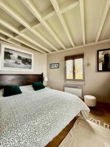 ein Schlafzimmer mit einem großen Bett und einer Kassettendecke in der Unterkunft La sauvagine les pieds dans l'eau in Cricquebœuf + 30 Fotos