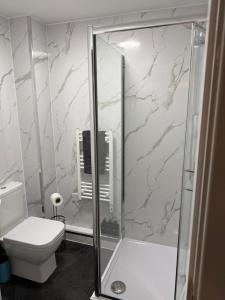 a bathroom with a shower and a toilet at Superb 2 bed 2 bathroom free parking in Derby +14 photos