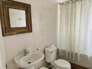 a bathroom with a toilet and a sink and a mirror at Gran Via Hostel in Punta Arenas
