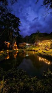 een vijver 's nachts met verlichting in een veld bij Recanto - Chalé Boa Vista in Jaraguá do Sul