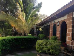 a brick building with a palm tree and bushes at Casa Vergel in Temixco