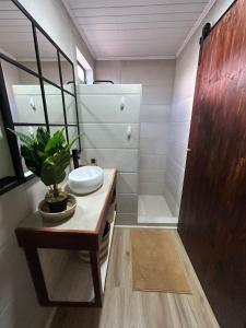 een badkamer met een wastafel en een douche bij Motherhome in Melipilla +33 foto's