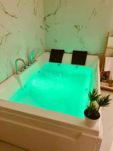 a bath tub with blue water in a bathroom at Nuvola Luxury suite in Turin