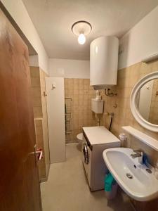 um banheiro com uma pia, um vaso sanitário e um espelho em Appartamento Sass Aut em Soraga mais 9 fotografias