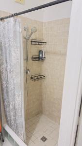 a bathroom with a shower with a shower curtain at Lovely 2 bedroom condo with pool in Marigot