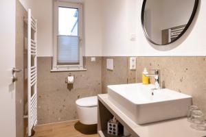 a bathroom with a sink and a toilet and a mirror at Gasthof Garni Knupfer in Ehingen +24 photos