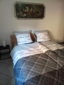 a bed with two pillows and a picture on the wall at FEWO Caro in Nordhausen
