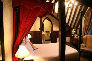 a bedroom with a canopy bed with a red curtain at Kinnitty Castle Hotel in Kinnitty