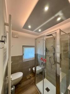 a bathroom with a toilet and a glass shower at Fiore delle Alpi in Bellamonte