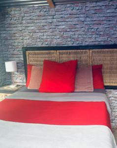 a bed with red pillows and a brick wall at Ewakanda Backpackers in Vereeniging