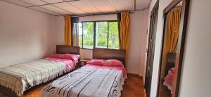 two beds in a room with a window at Casa del Pino in Popayan