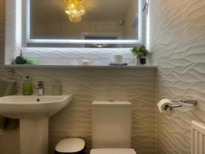 Un baño con lavabo, inodoro y espejo. en Van Loon Residence, en Oldbury