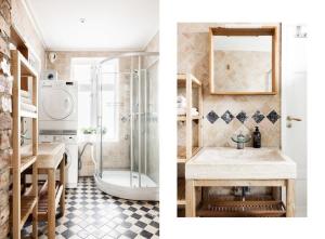 zwei Bilder eines Badezimmers mit Waschbecken und Dusche in der Unterkunft The 1880 Authentic Bergen Dream I 500m to Bryggen in Bergen + 57 Fotos